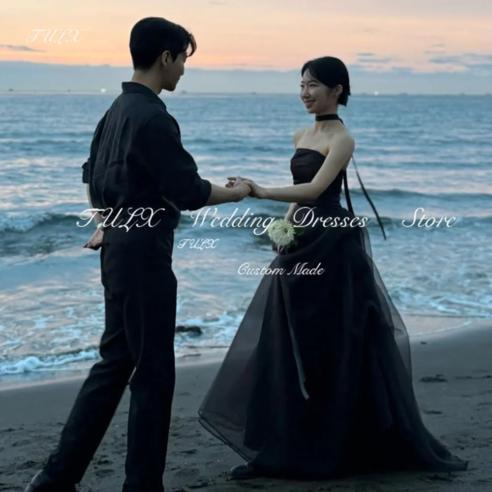 

TULX Black Organza Evening Dress Korea Beach Wedding Dress Photo Shoot Strapless Pleat Party Dress A line Long Corset Customized