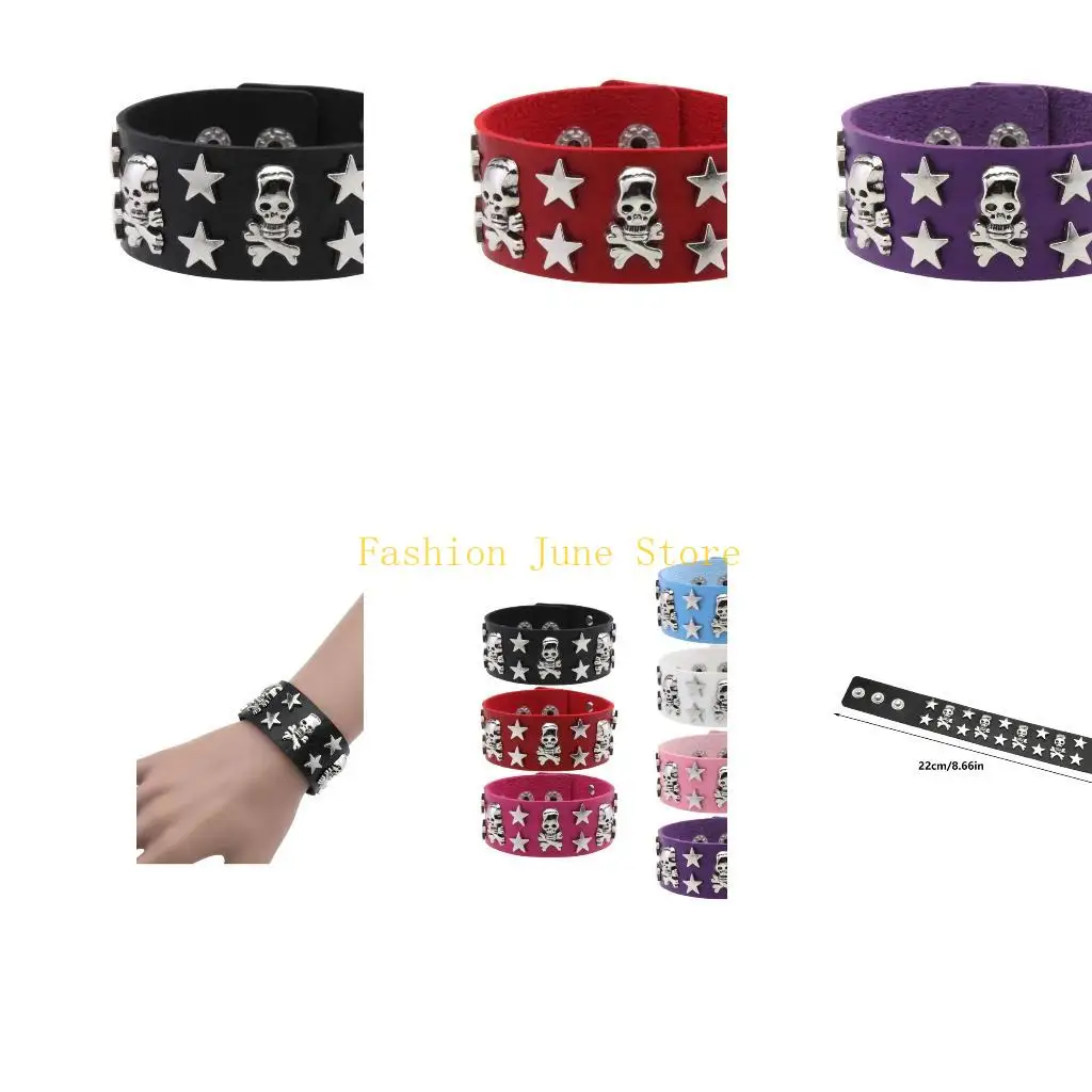 N5KA Gothic Punk Statement Bracelet with Skull and Star Rivets, Adjustable Wrist Accessory for Daily Styling and Party Outfits