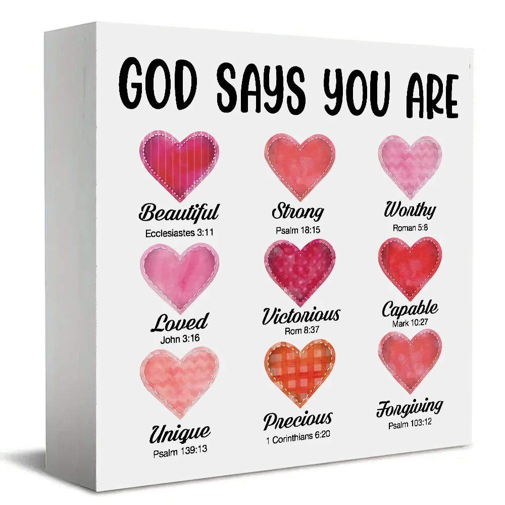 Décoration biblique chrétienne - Dieu dit que tu es belle, aimable, forte, merveilleuse, capable, précieuse - Avec motif cœur