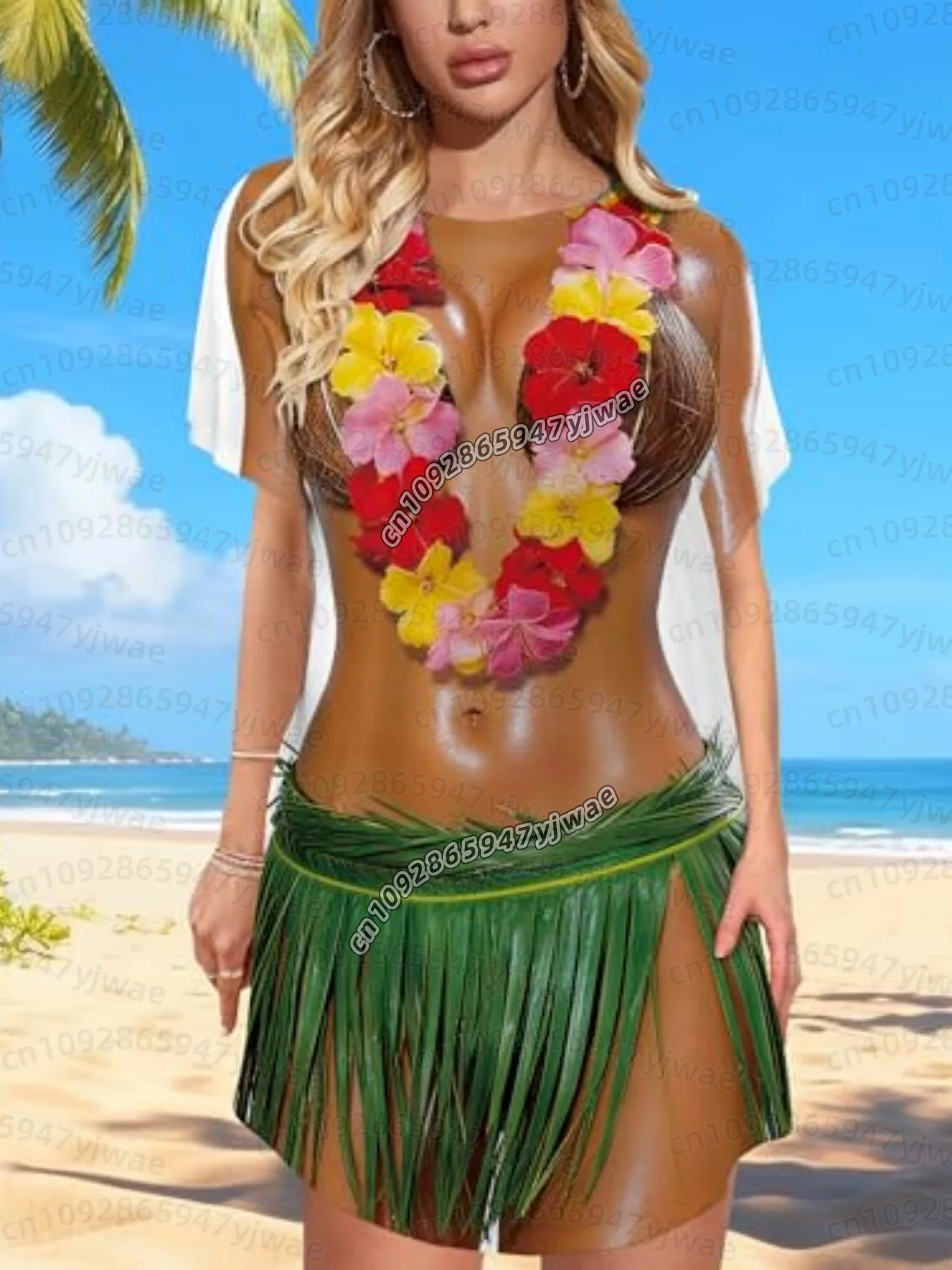 26 Sommer Damen Bikini-Überwurf, Kurzarm, Locker Geschnitten, Meerjungfrauen-Print, Party-Badeanzug-Überkleid, Damen T-Shirt-Kleid – Detail 8