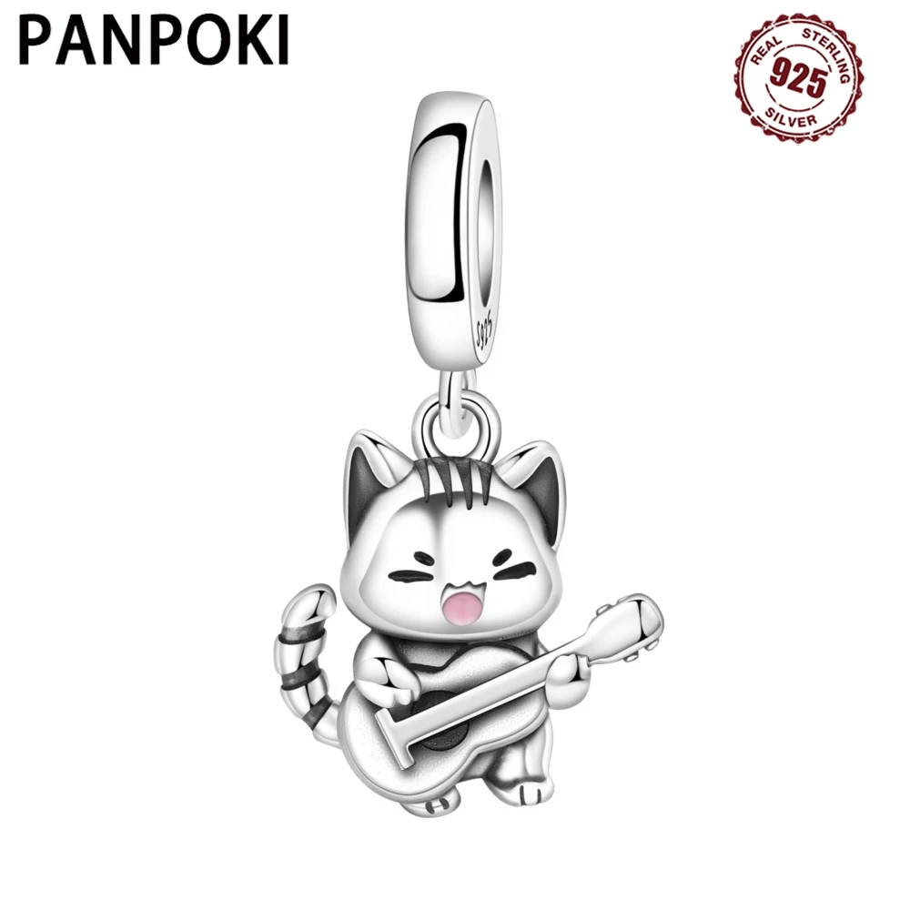 

PANPOKI 925 Sterling Silver Singing Cat Pet Animal Original Pendants Bracelet Charms Jewelry Party Beads DIY Trendy Gifts