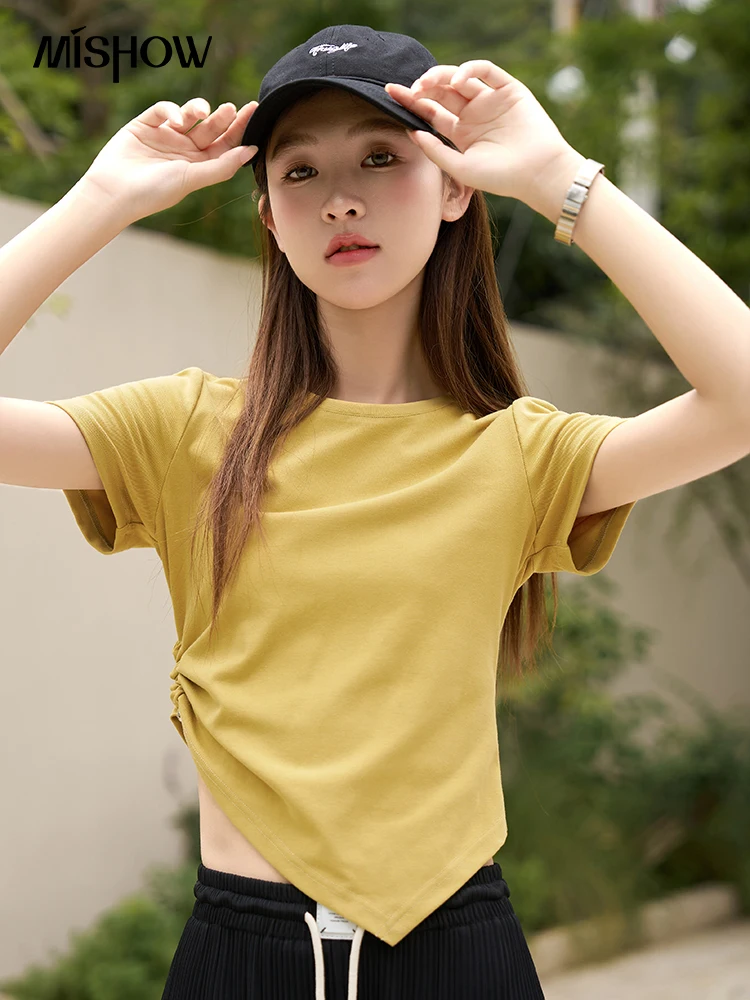 MISHOW French Retro T-shirts for Women 2023 Summer Korean Knitted Tees Asymmetrical Desgin O-Neck Solid Casual Tops MXC36T0038