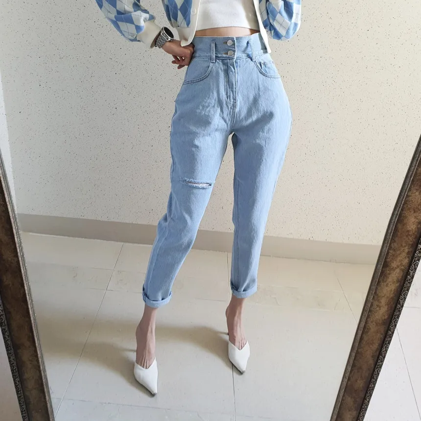 

Retro Waed High Waist Women's Jeans Distred 2 Button Cone Straight Nine Point Small Foot Trendy Denim Pants Summer