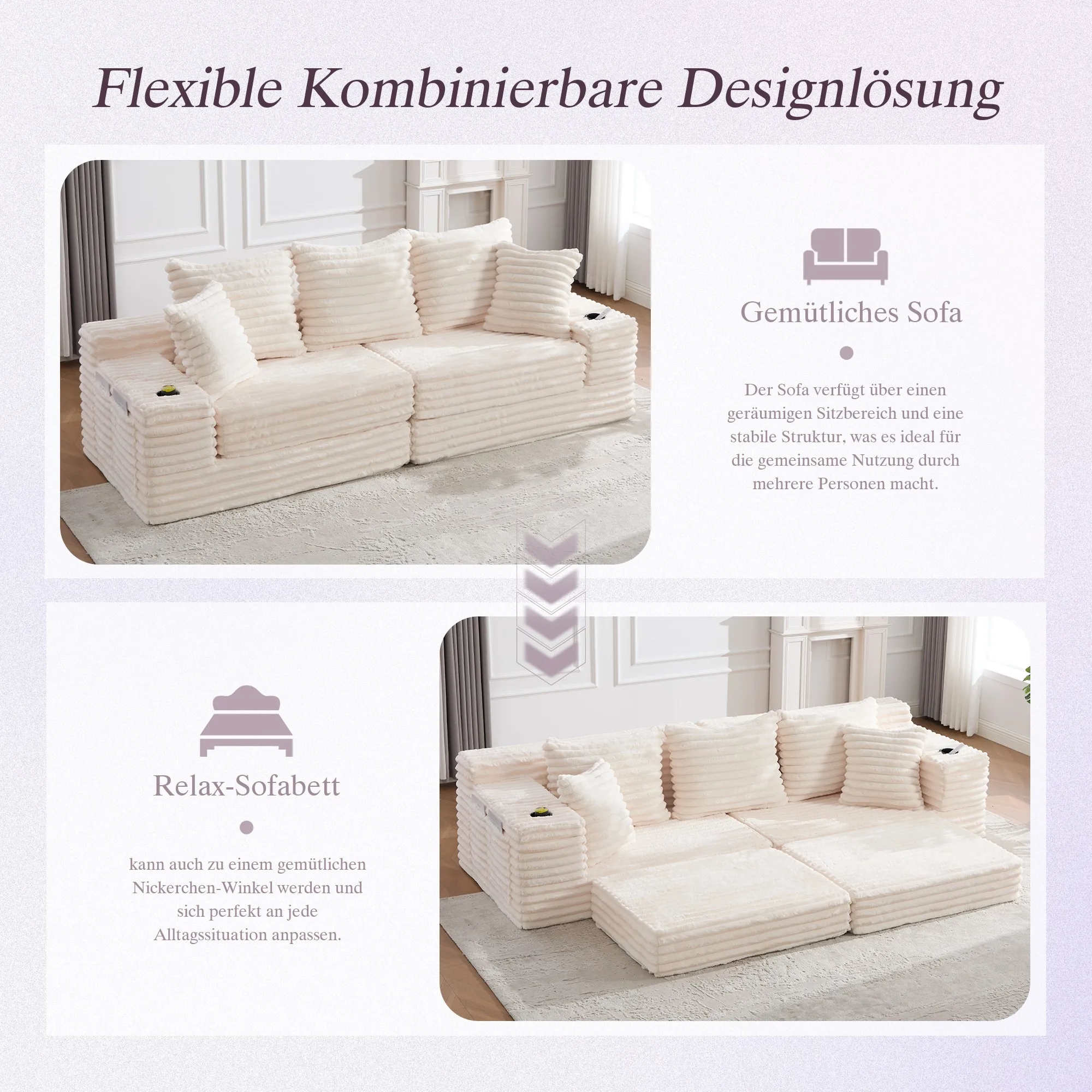 LVHOM 4-Sitzer Cordsofa mit Chaiselongue, Kissenrücken, Eckigen Armlehnen, Getränkehaltern & Seitentaschen für Wohnzimmer – Detail 8