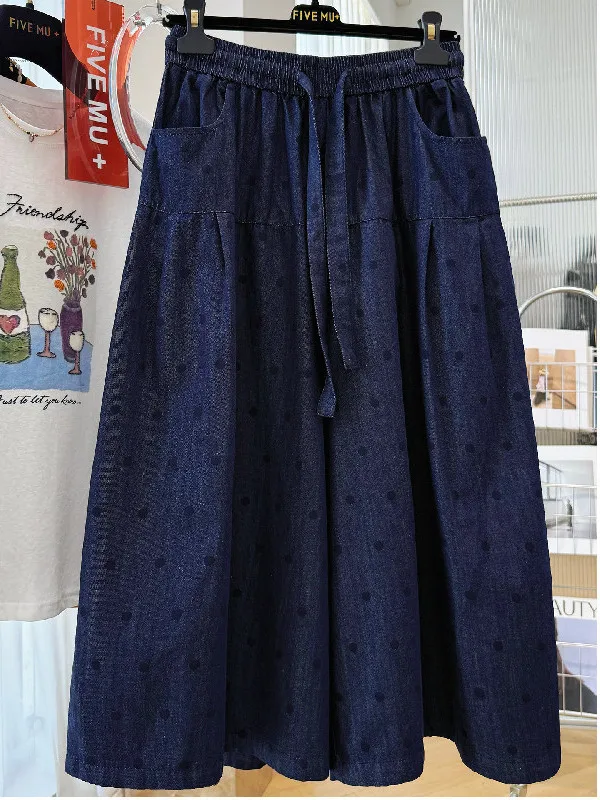 

plus Size Casual Polka Dot Denim Summer Thin Nine Points Loose Straight Wide Leg Pants Women's Comfortable Breathable Trousers