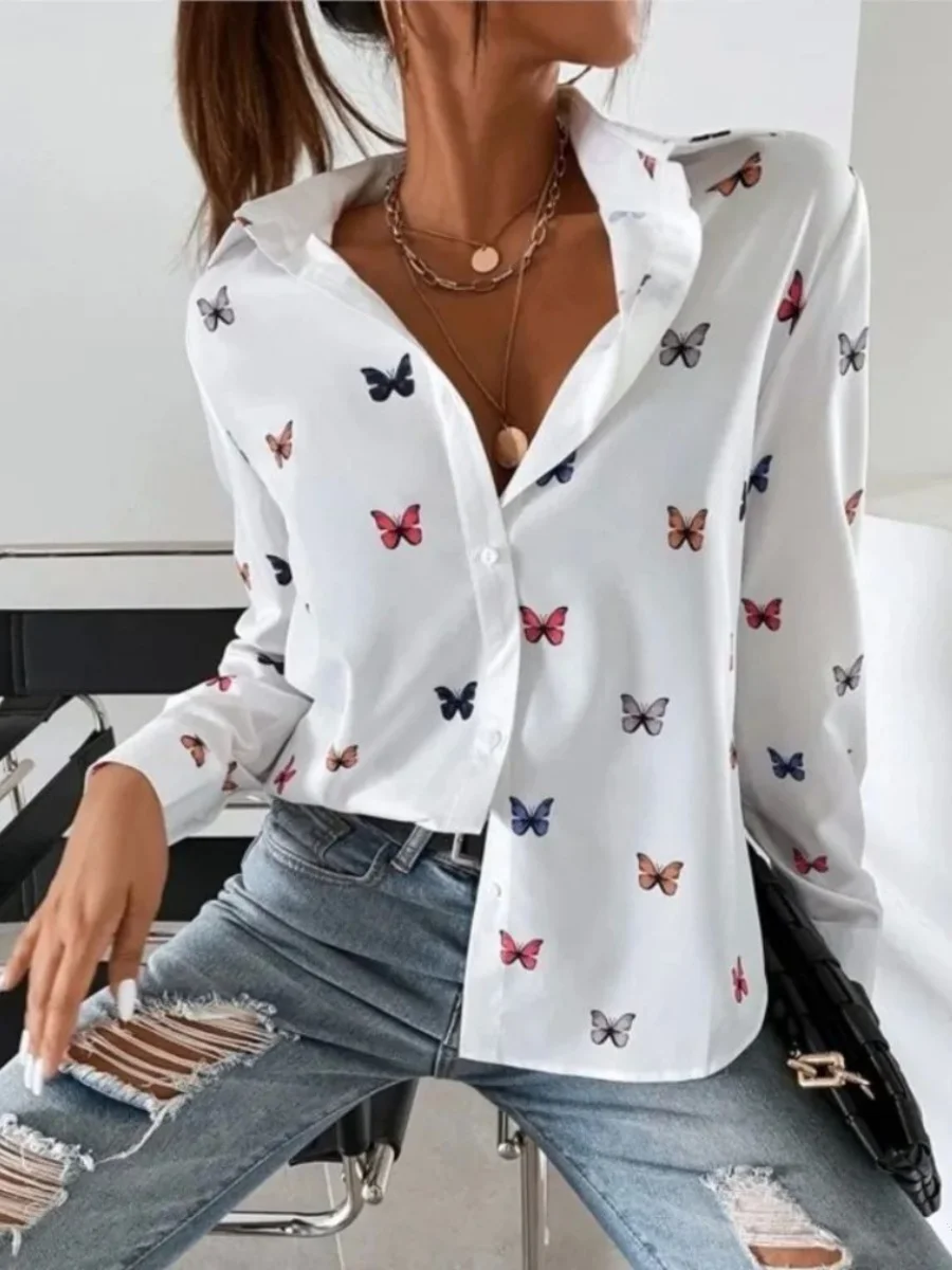 

Print Lapel Long Sve irt Women's Loose Fit Premium Quali Printed Collared Faionable Ladies' irt