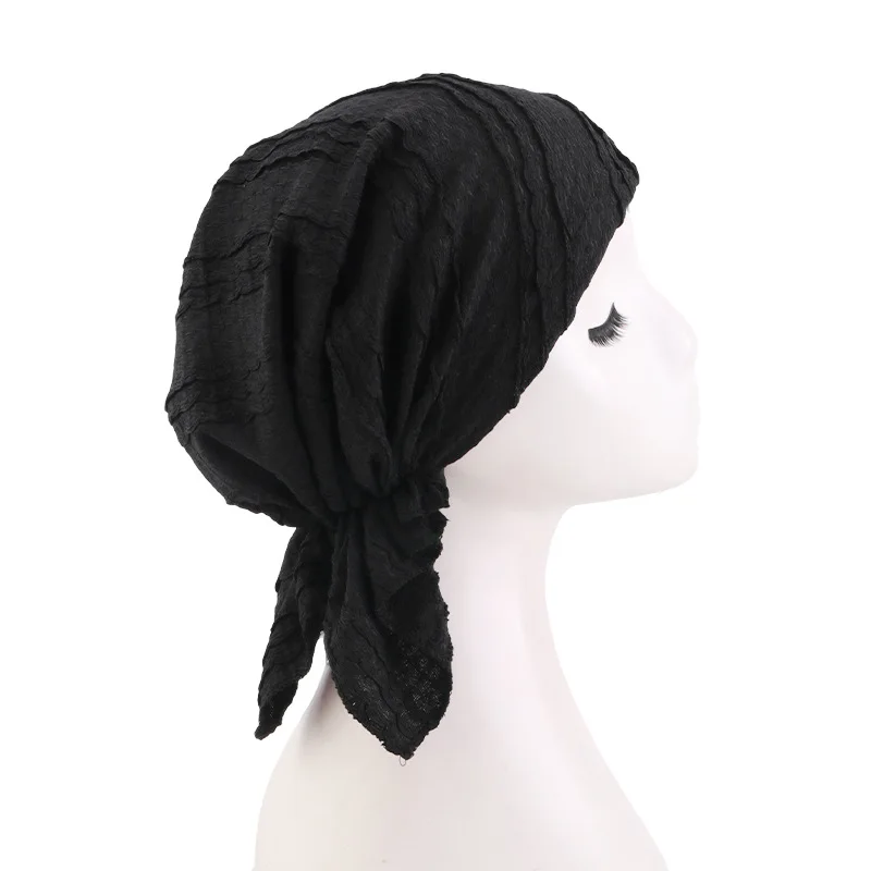New Women Solid Color Cotton Crinkle Turban Elastic Muslim Hijab Hats Long Tail Head Wraps Chemo Beanies Caps Cancer Bandanas - view 3