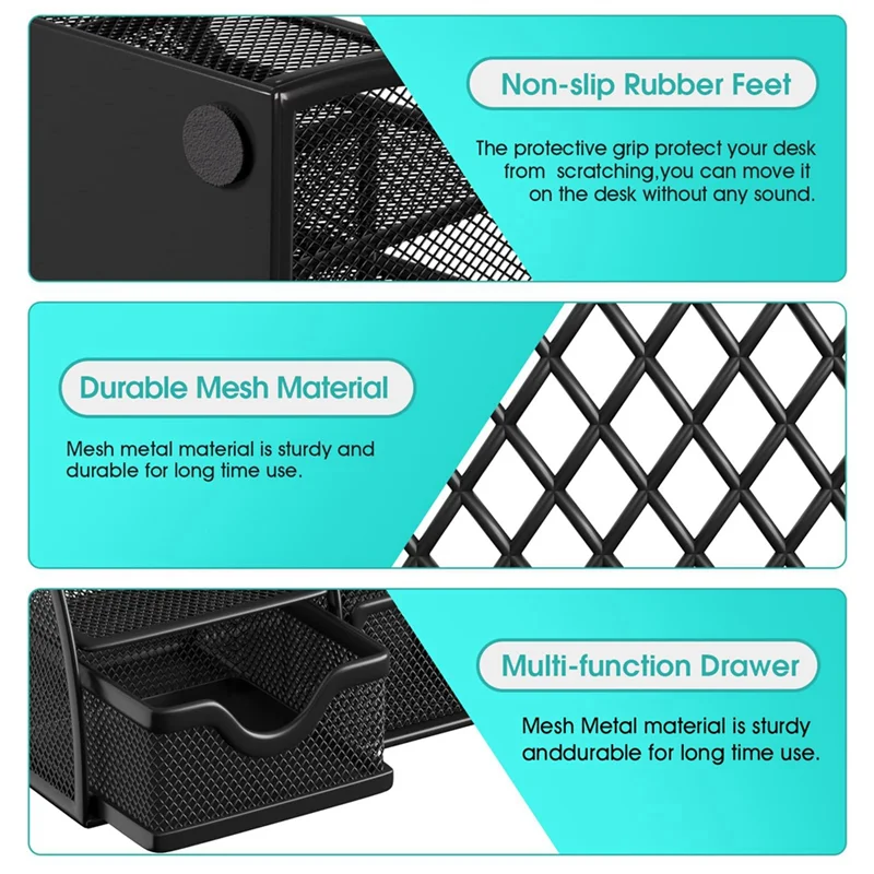 AT82-Desktop Organizer, 6 Compartment Pen Holder And Organizer, 1 Drawer, Metal Grid Black Desktop Organizer
