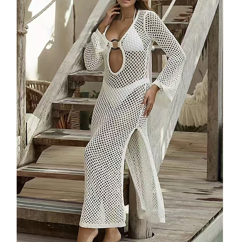 

New Style Solid Color Side Slit Knitting Long Dress Fashion Hollow Out Beachwear Cover Up Long Sleeve Beach Sunscreen Smock