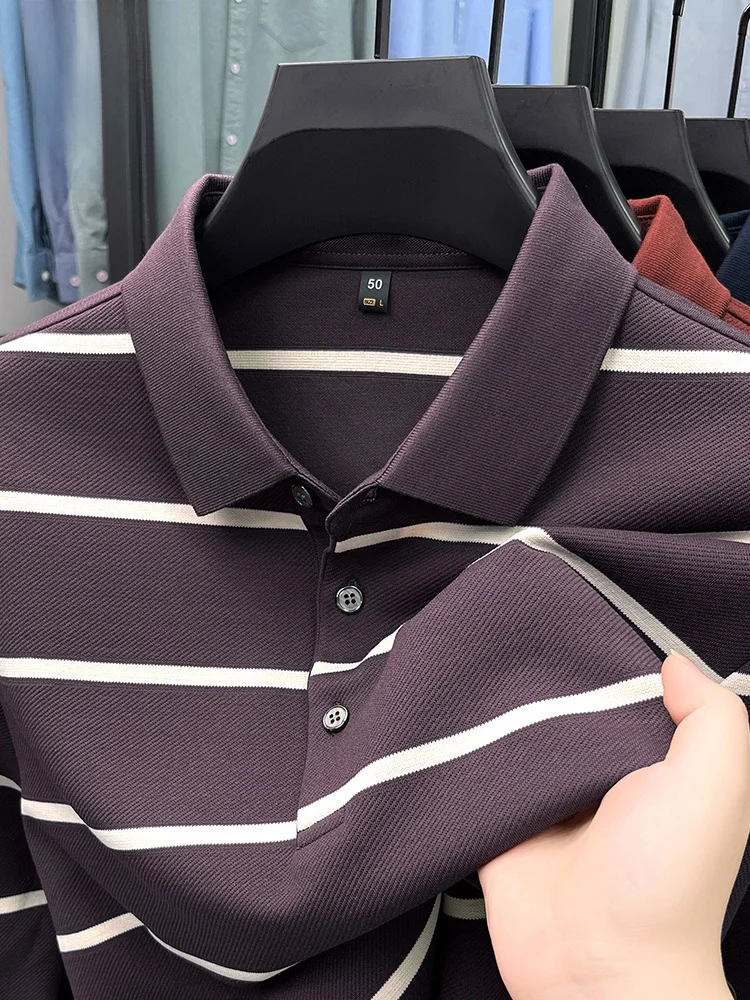 

Мужская повседневная рубашка в полоску с длинным рукавом, свободного кроя, осенний топ, модная одежда для пап, деловой повседневный стиль, полиэстер