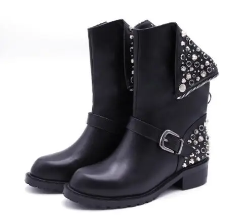 Punk Girls Black Matte Leather Round Toe Crystal Rhinestone Rivet Zipper Back Buckle Med Heels Mid-calf Boots Women Short Boots