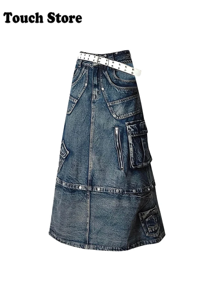 Women Shoujo Japanese Y2k Midi Denim Cargo Skirt A-line E-girl Korean 2000s Goblin Core Cyber Punk Harajuku Fashion Grunge Jeans