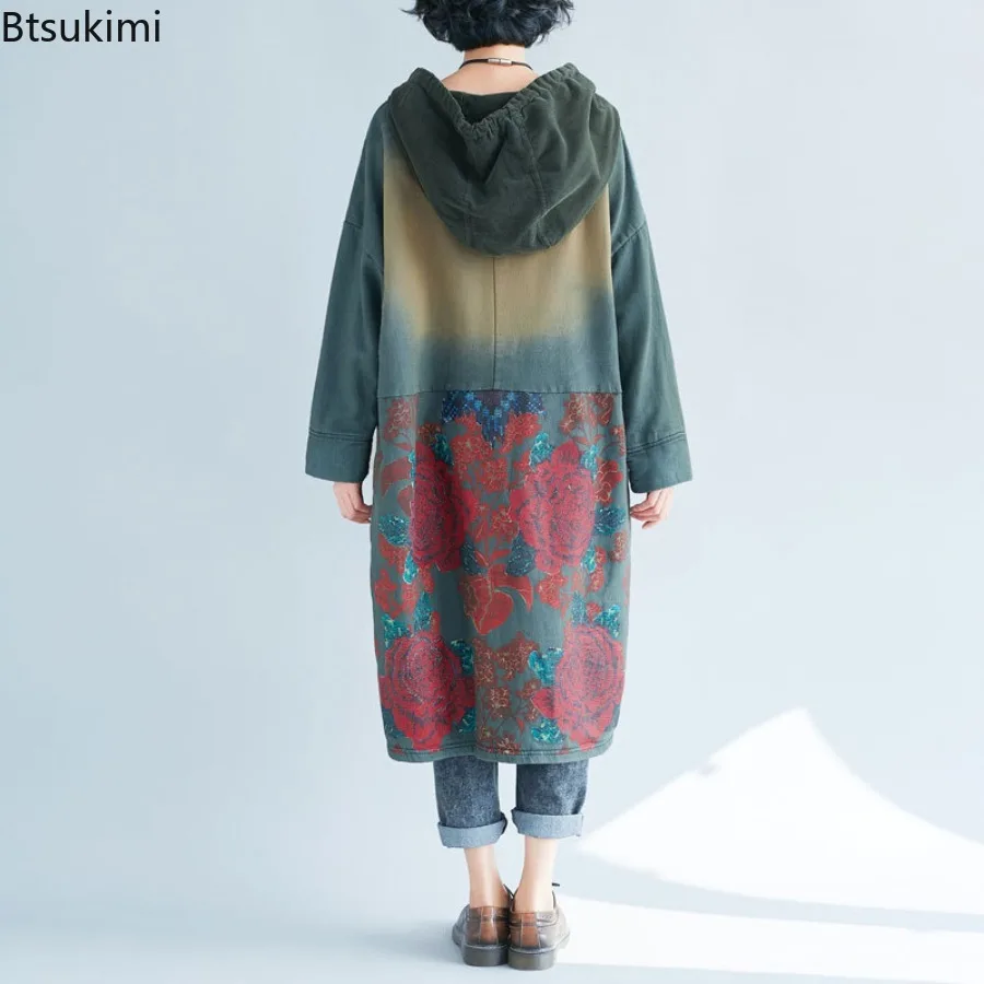 Ethnic Style Women's Mid-length Hoodies Vintage Print Loose Casual Dress Spring Autumn Big Size Women Clothes Hooded Sweatshirts