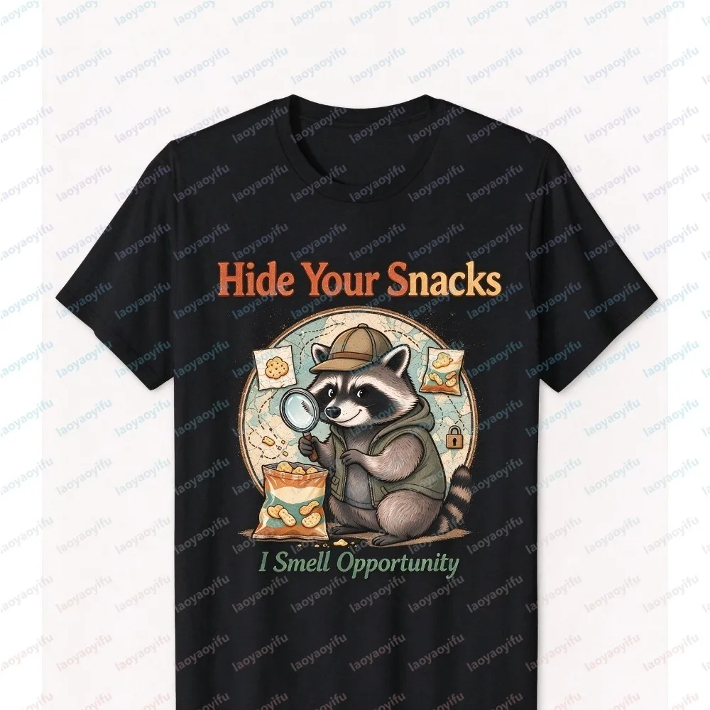 Hide Your Snacks I Smell Opportunity Unisex T-Shirt Summer Short Sleeve Fashion Detective Raccoon Graphic Tee Round-neck Tops
