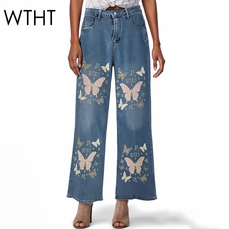 WTHT Trendy Women's Diamonds Letter Butterfly Elastic Jeans 2026 Spring Fashion High Waist Straight Denim Pants Female 1LS2897