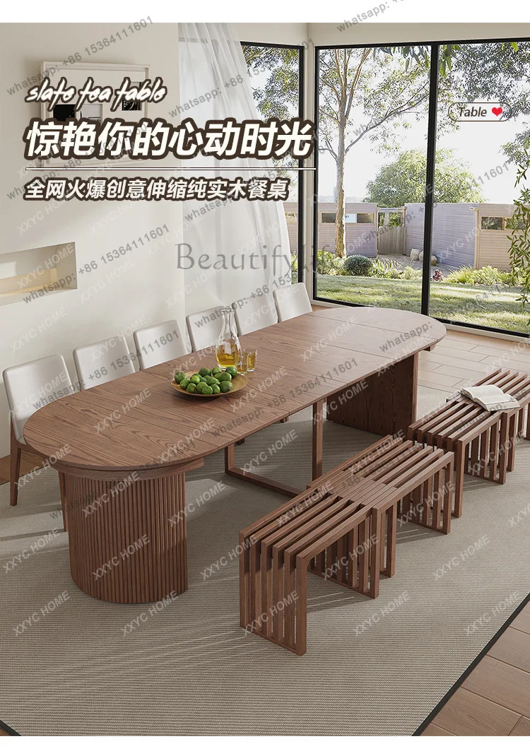 Custom Vintage Style All Solid Wood Telescopic Dining Table Variable Multi-Person Dining High-end Villa Rectangular