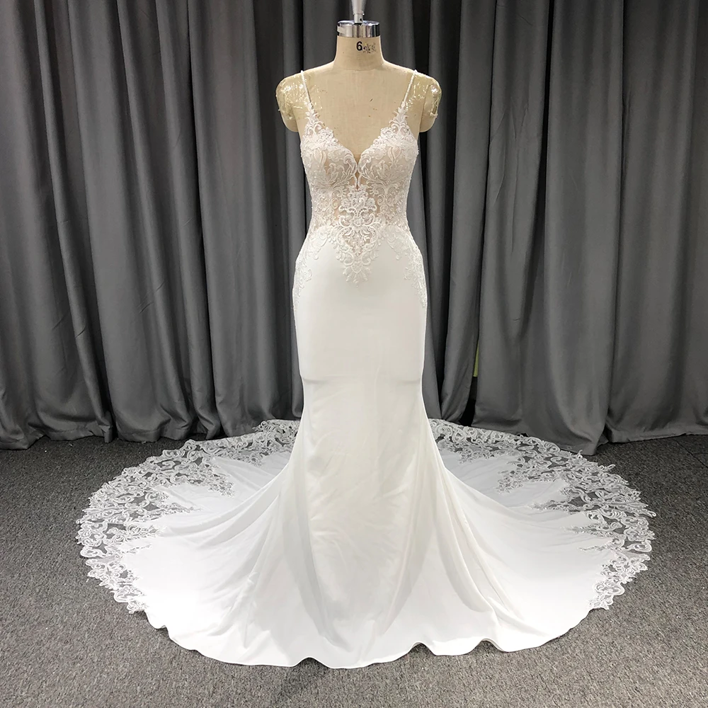 Wedding Dress Crepe Mermaid Deep V Neck Illusion Lace Bodice Lace Edge Train