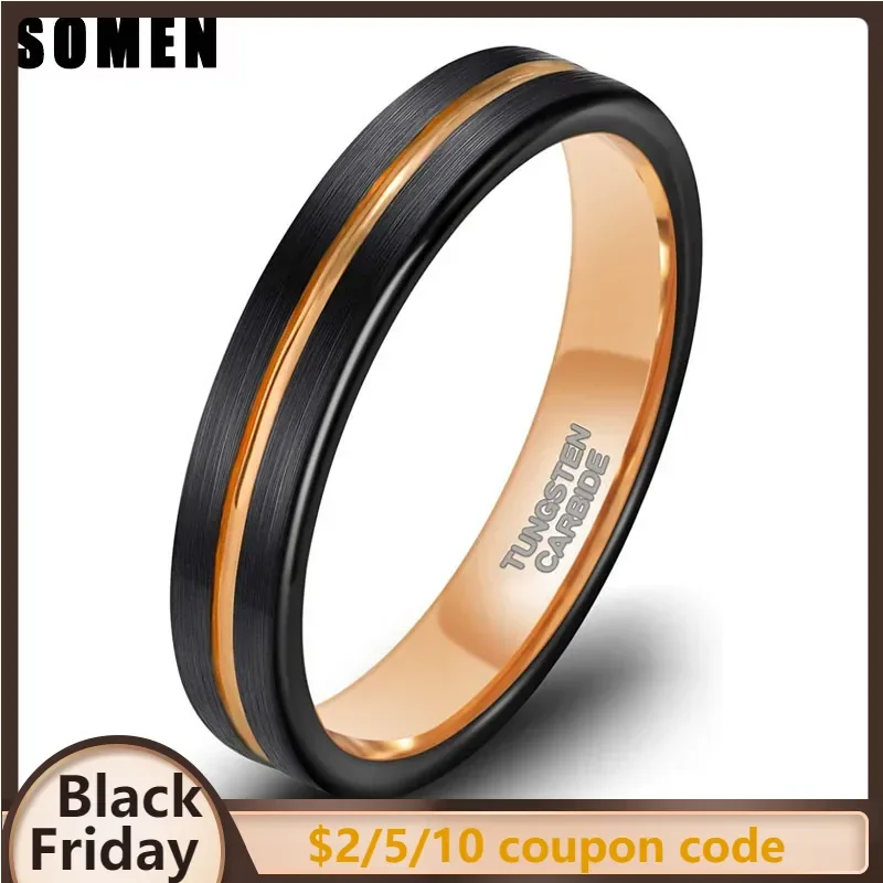 Somen Unisex Tungsten Ring Blue/Rose Gold Color Wedding Bands 4mm for Men Women Thin Groove Two Tone Engagement Ring