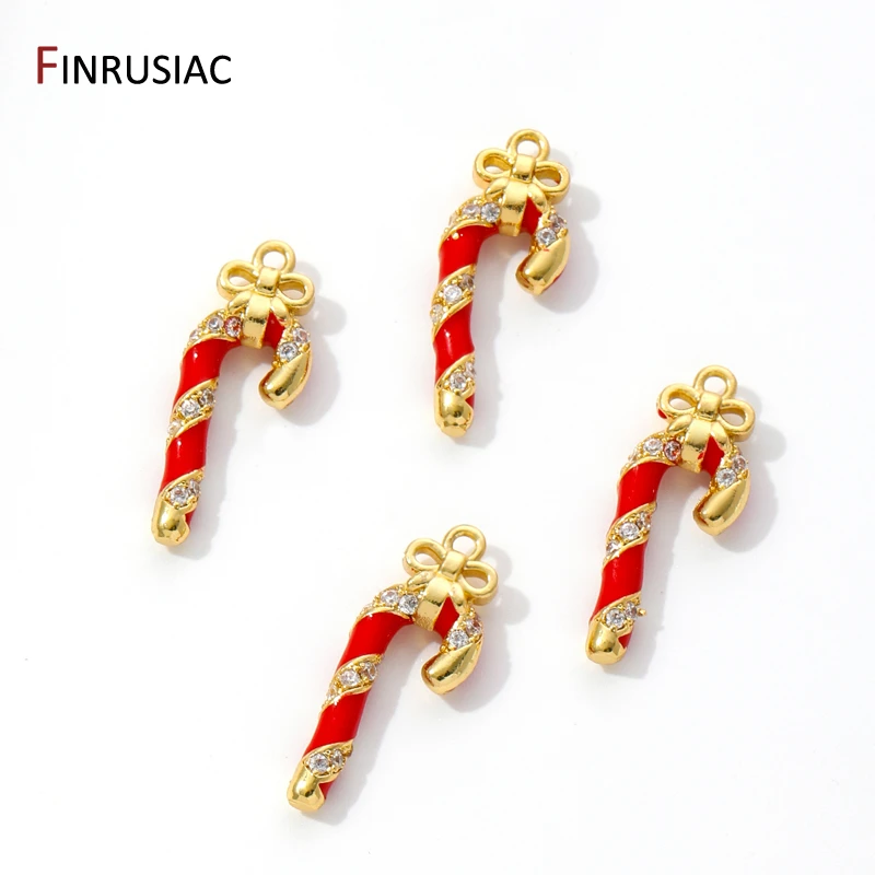 18K Gold Plated Brass Enamel Candy Cane Christmas Crutch Charms Pendants For Necklaces Earrings Making DIY Jewelry Findings