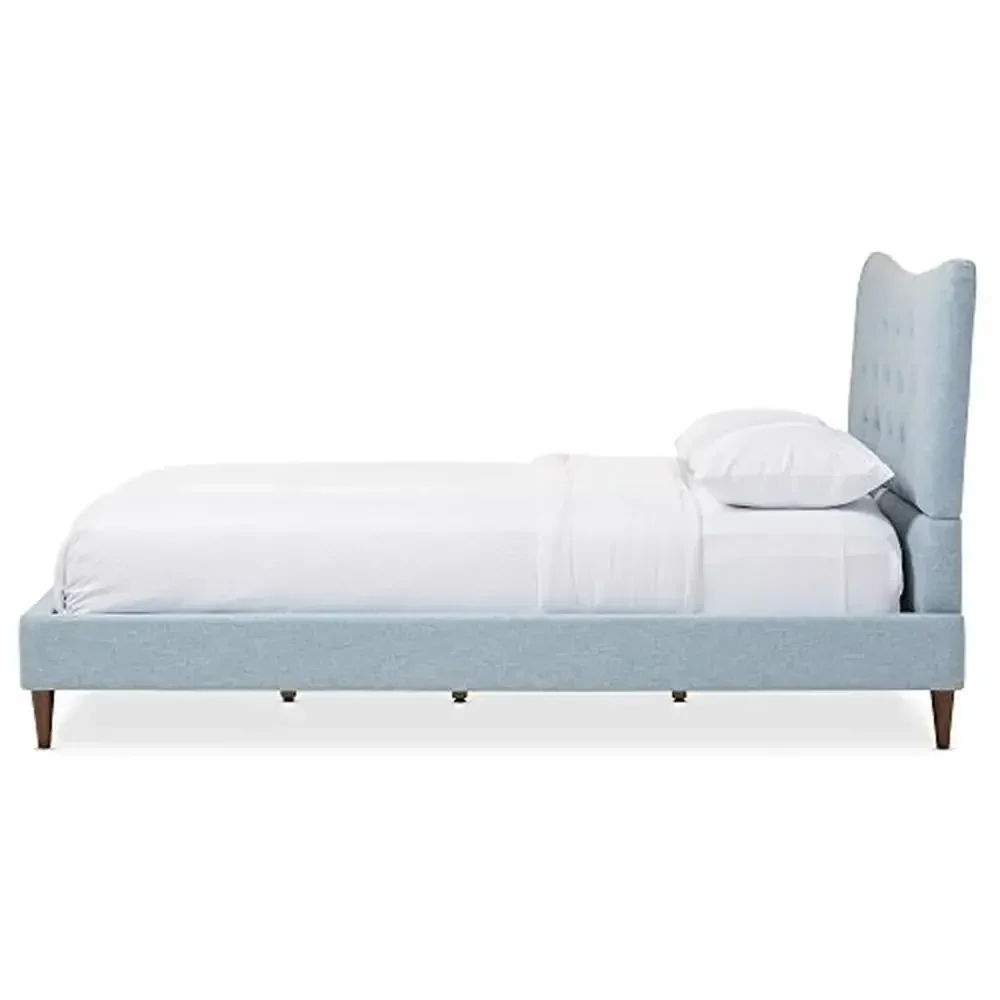 Mid-Century Modern Queen Platform Bed Sky Blue Polyester Fabric Button-Tufting Durable Flexible Walnut Legs 88.39