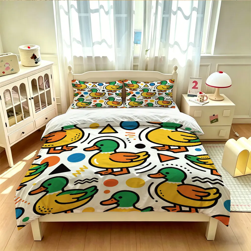 3PCS Fun Cartoon Duck Colorful Geometric Pattern Duvet Cover Set Multi-Size Soft Bedding Decoration Machine Washable