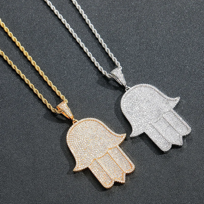 Hip Hop 5A+ CZ Stone Paved Bling Ice Out Big Fatima Hand Pendants Necklaces for Men Rapper Jewelry Gold Silver Color