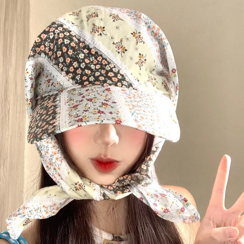Koreanische Sommer-Süße Blumenmuster-Dreieckstuch-Mütze für Damen – Atmungsaktive Nischen-Baseballkappe mit Riemen für den Sommerurlaub und Sonnenschutz – Detail 2