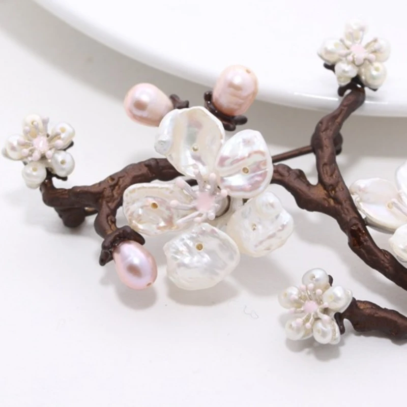 Pure Handmade Baroque Natural Freshwater Pearl Shell Flowers Brooch Pins Corsage Cherry Blossoms Branches Women Jewelry Gift 6cm