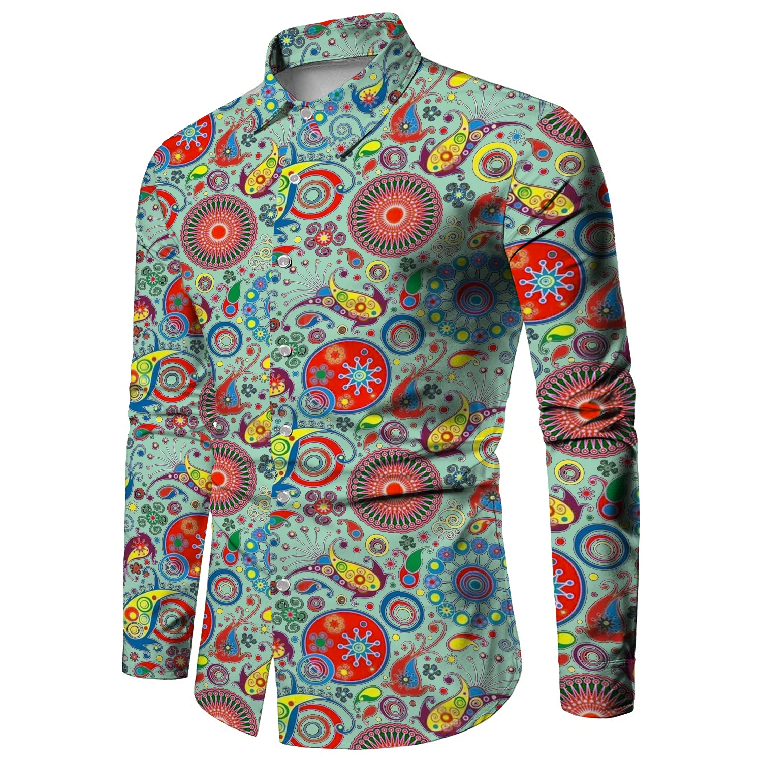 Fashion Paisley Floral Print Men\'s Shirts Vintage Style Lapel Button-Up Long Sleeve Tops Hip Hop Men/Women Casual Party Clubwear