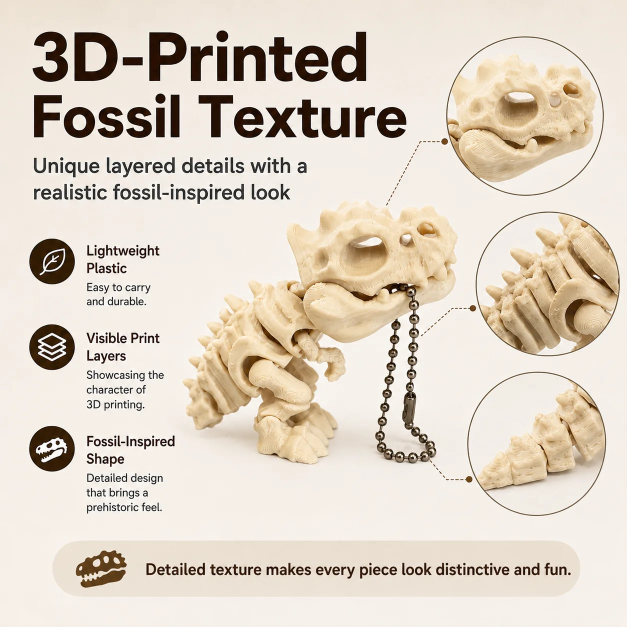 3D-Printed T-Rex Skeleton Model – Articulated/Posable, Stress-Relieving Dinosaur-Themed Keychain