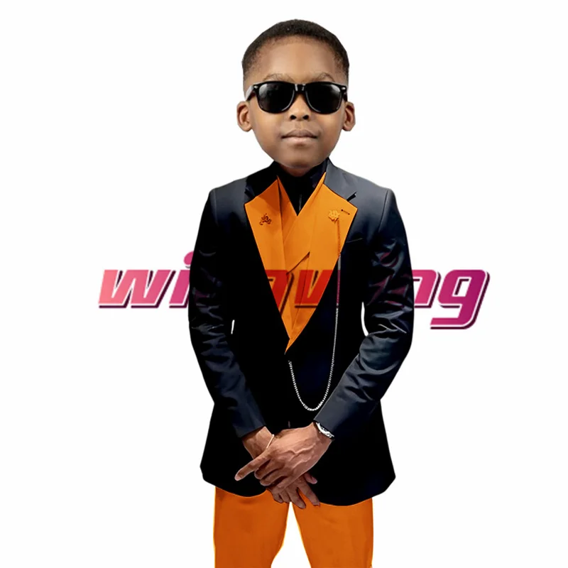 Kids Wedding Suit Jacket Pant Vest 3 Piece Fashion Boy Blazer Orange Slim Fit Clothes 2-16 Years