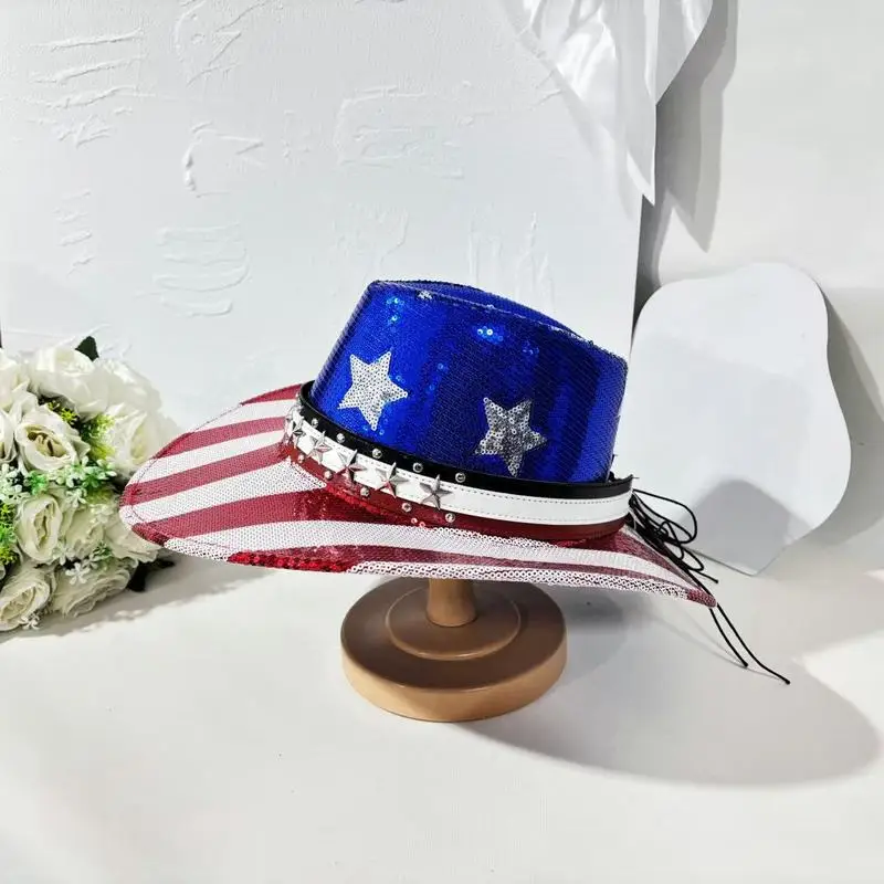 flag sequin cowboy hat, no ties, European and American style, perfect for Independence Day parties, stage performances,