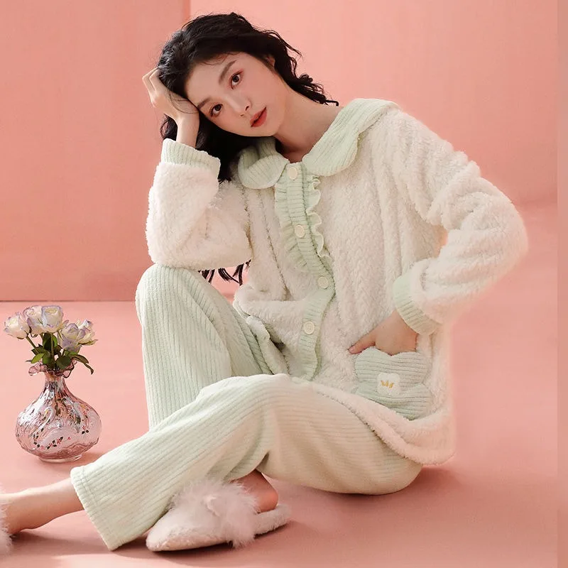 

Coral Velvet Nightclothes Autumn Winter Women Thickened Fleece-lined Sweet Cardigan Pajamas Female Thermal Flannel Homewear Suit