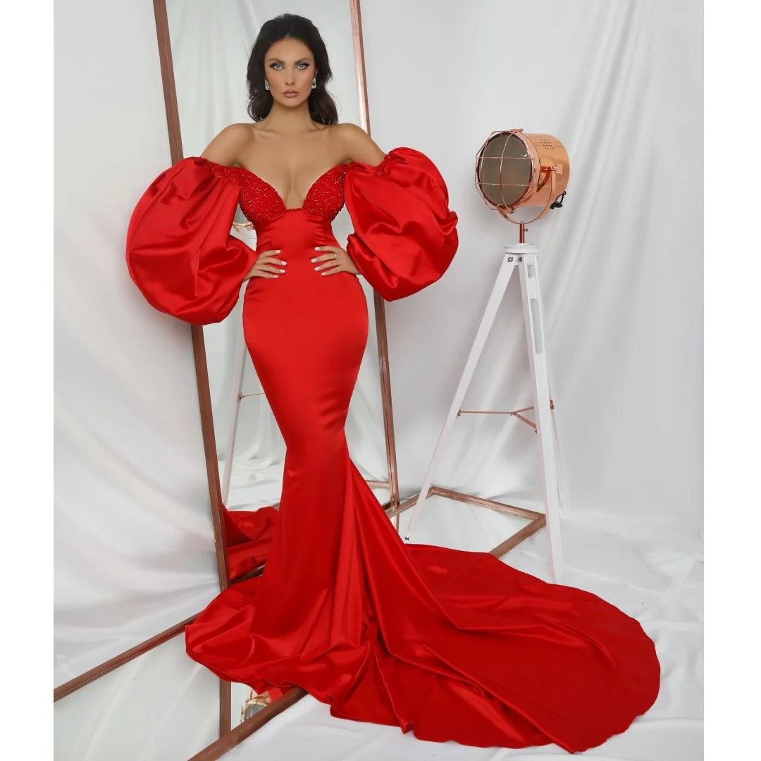

Red Puff Sleeves Evening Dresses Woman Elegant vestidos de noche Sequined Prom Dress 2025 Customized Mermaid Party Pageant Gown