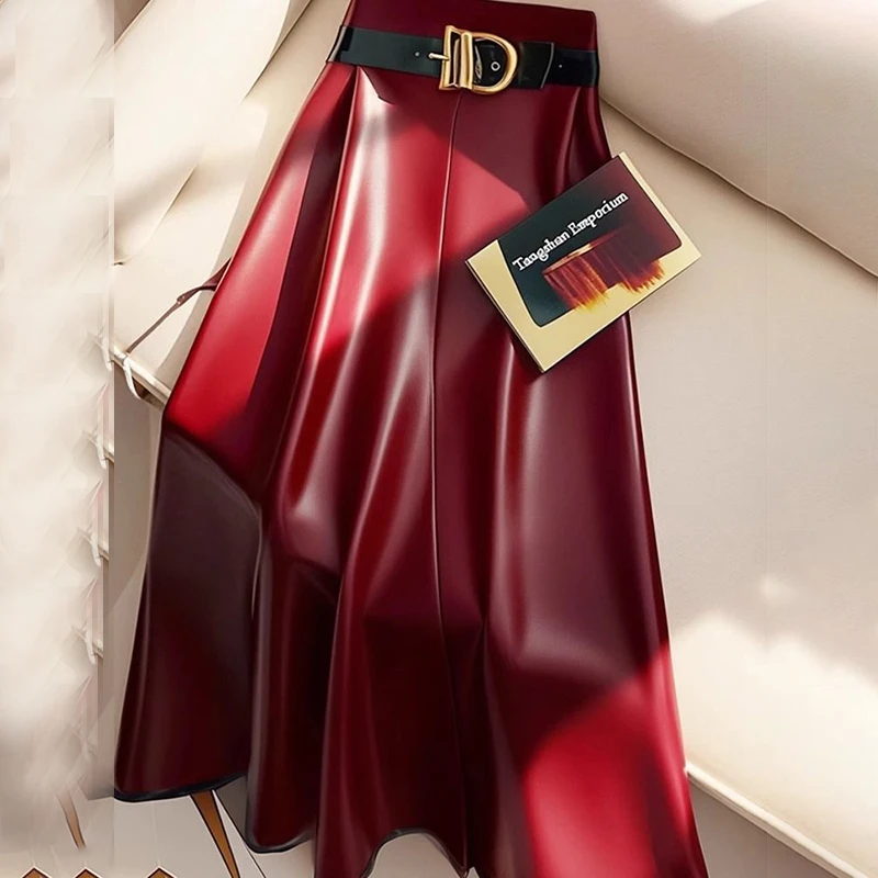 

High end goddess style high-end red PU skirt for women 2024 new Leather midi skirt, mid length umbrella skirt