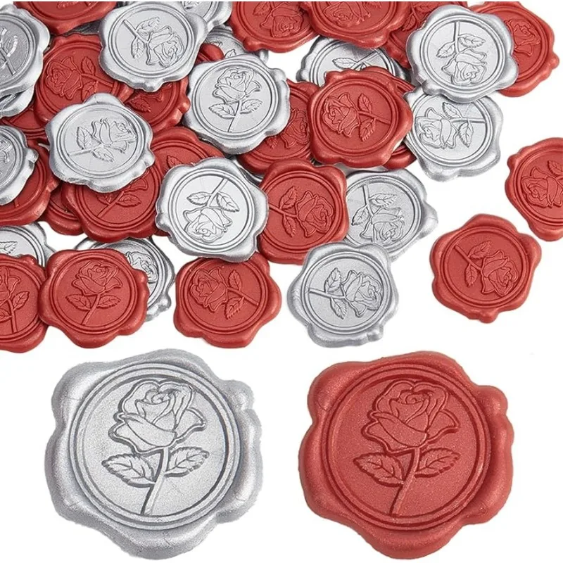 

50Pcs Silver Rose Wax Seal Stickers Flowers Wedding Invitations Envelope Sealing Label Sticker Self Adhesive for Gift Wrapping