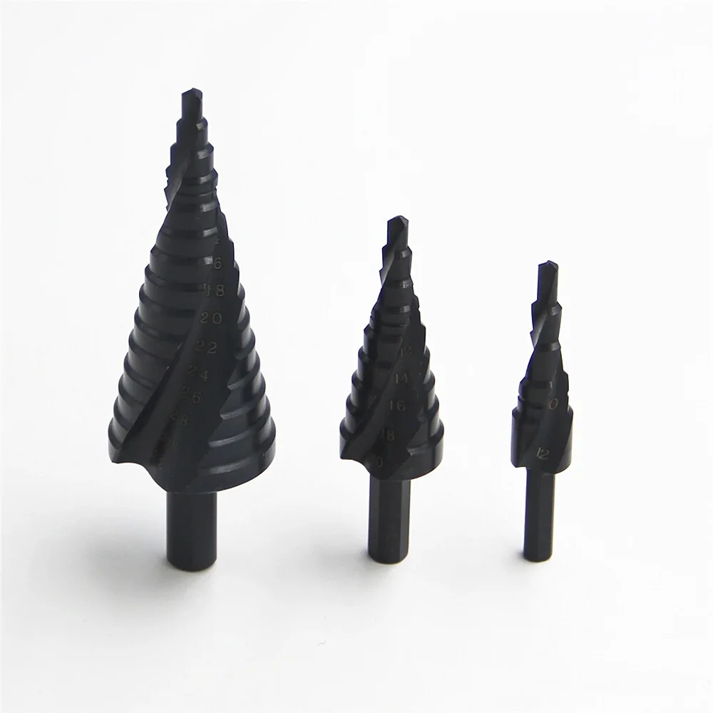 3 Pieces High-Speed Steel Nitride Black Spiral Groove Triangular Handle Titanium Plated Step Drill Metric Pagoda Drill Set