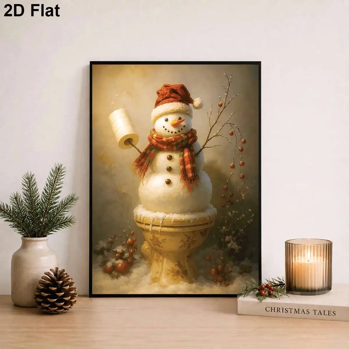 Funny Snowman Holding Toilet Paper Canvas Print Poster Vintage Xmas Winter Print Wash Room Toilet Festive Wall Art Home Decor