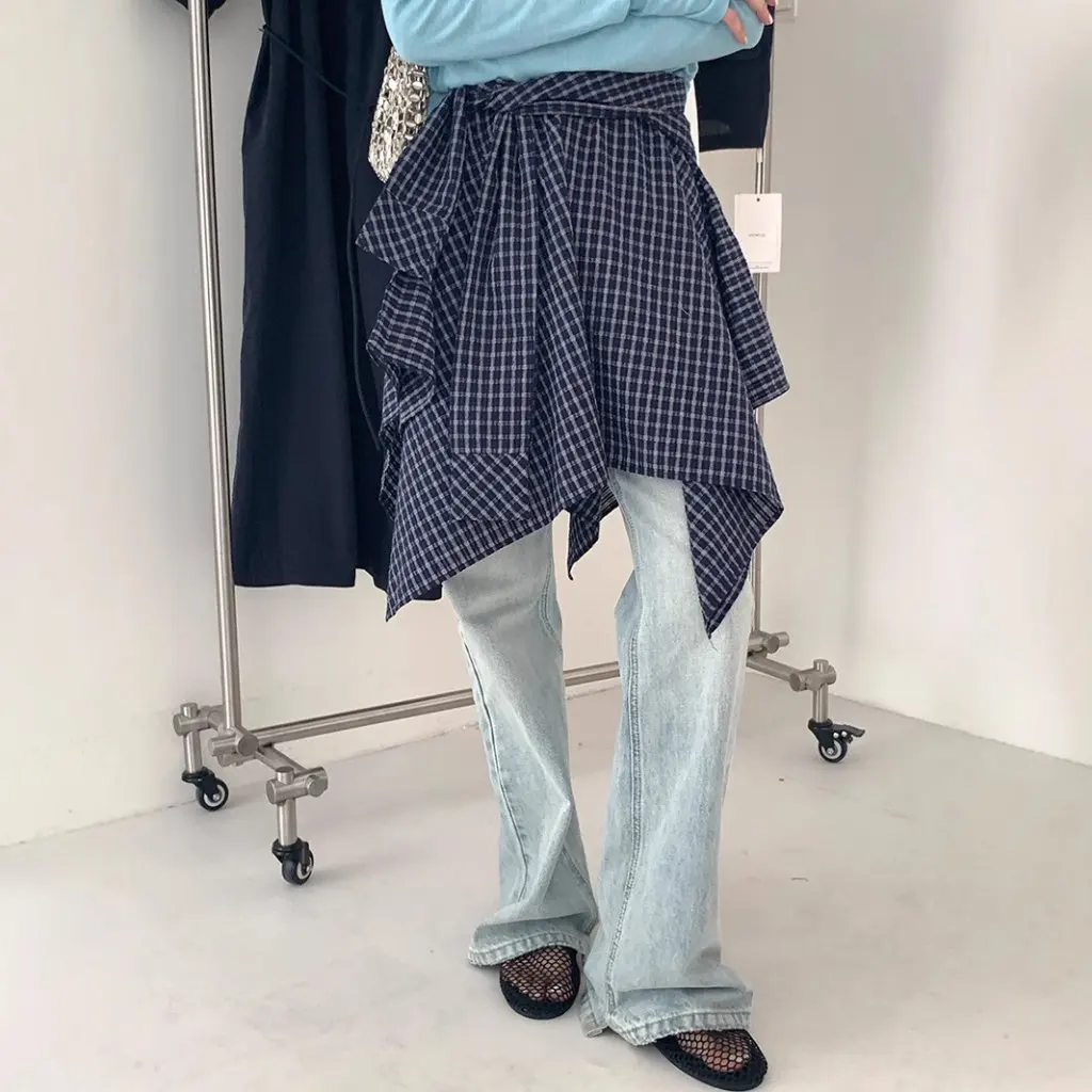 

Women's Fashion Irregular Deconstruction Stitching Plaid Skirt A-Line Mini Summer New Style Shirt Strap Skirt