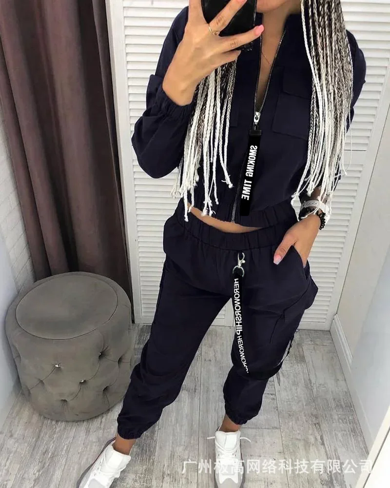 New Women Fashion Casual Autumn Winter 2pcs Clothes Set Pockets Zipper Long Sleeve Top Elastic Waist Pants Cargo Solid Color