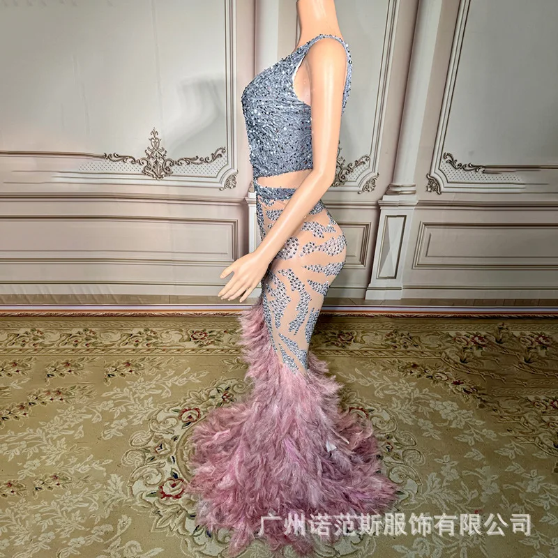 الجنية الفاخرة لامعة الفضة حجر الراين مزاجه ريشة الحمالات ذيل السمكة فستان مأدبة مرحلة الأداء Ballkleid Luxuskleid