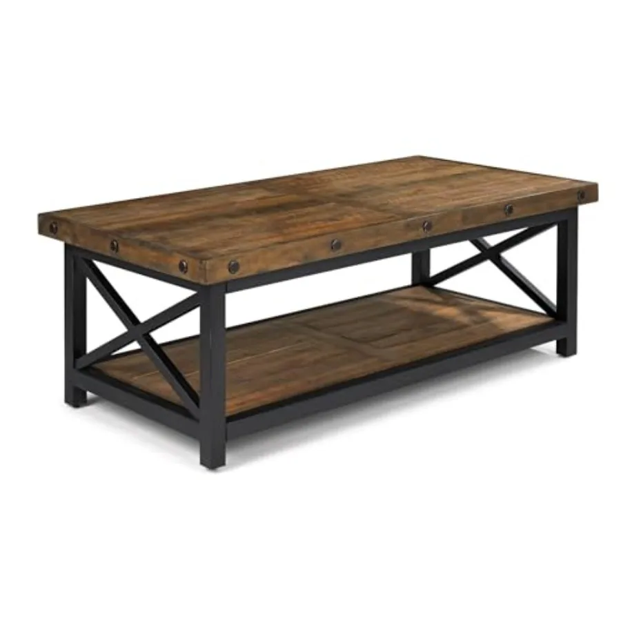 

tic Indtrial Coffee ble for LivinRoom, Solid ia Wood Recngular ble wi Lower Storage Shelf, Fhoe Wood and Mel Center ble, Distre