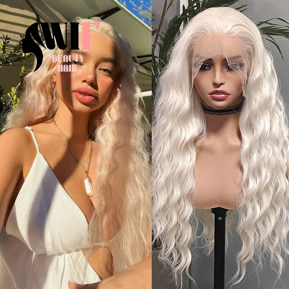 WIF Platinum Blonde Body Wave Synthetic Hair Blonde Lace Wig Heat Fiber Loose Wave Lace Frontal Wigs Women Makeup Use Wig