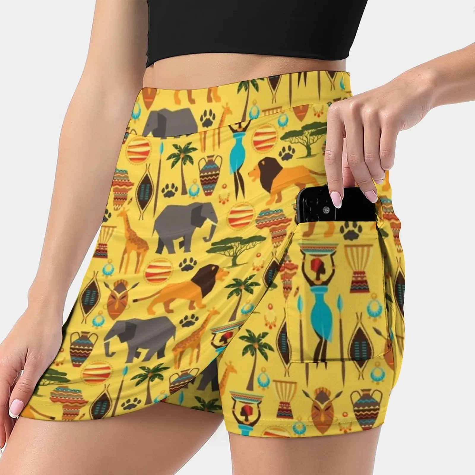 

African Savannah Women's skirt Mini Skirts A Line Skirt With Hide Pocket Savannah Africa Tribal Elephant Giraffe Lion Palm