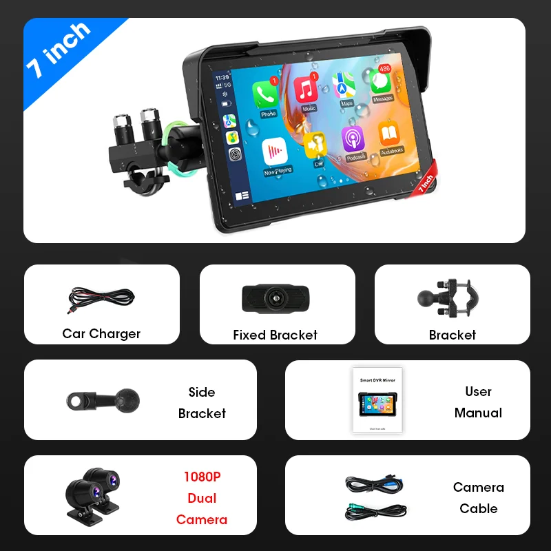 Draagbare 7 "IPX7 Waterdichte Motornavigatie GPS DVR Android Auto Carplay Scherm voor Moto Camera's Video Recorder BT Monitor