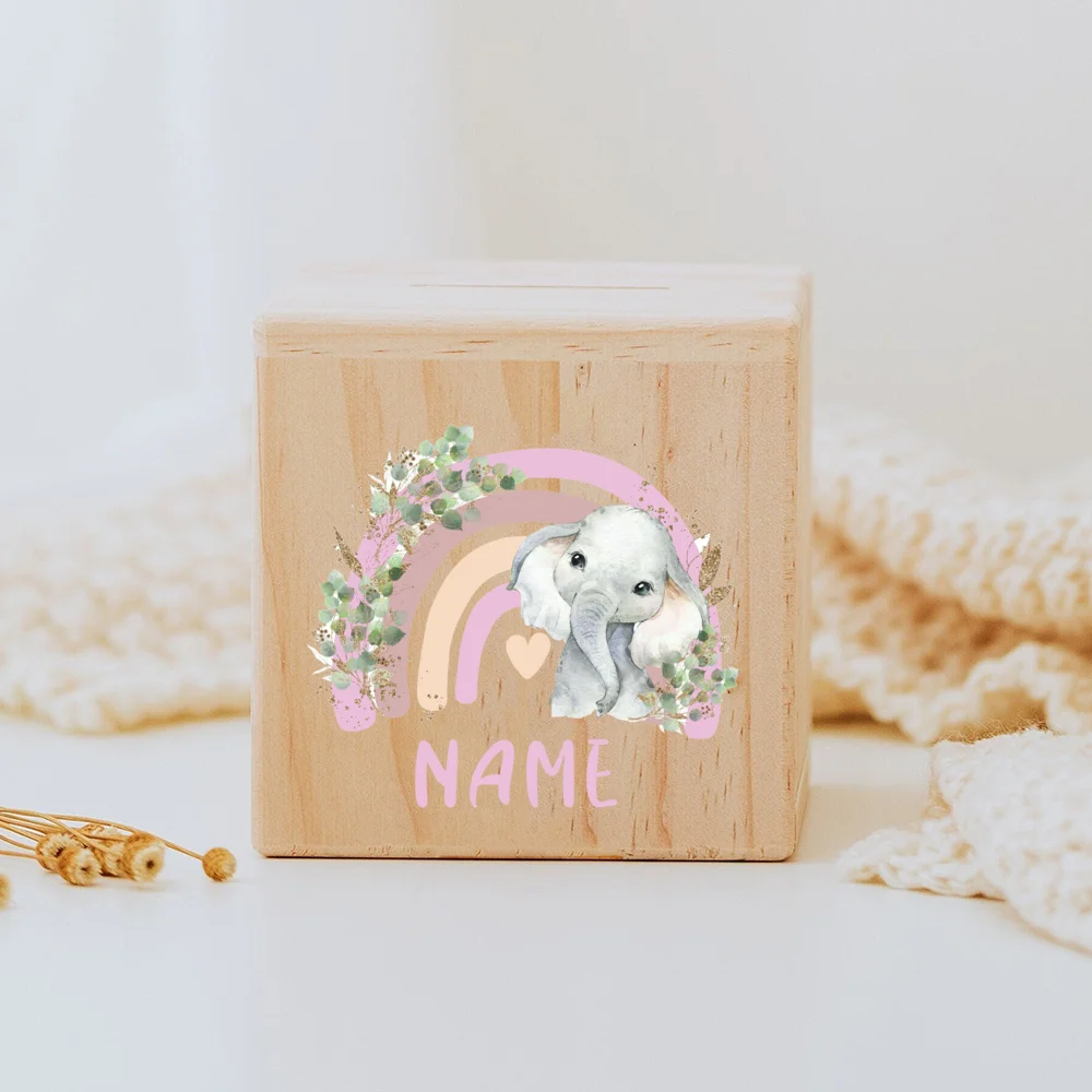 Personalized Money Box Rainbow Safari Animals with Name Wooden Money Boxes Child Coin Bank Coin Collection Case Gift for Kids