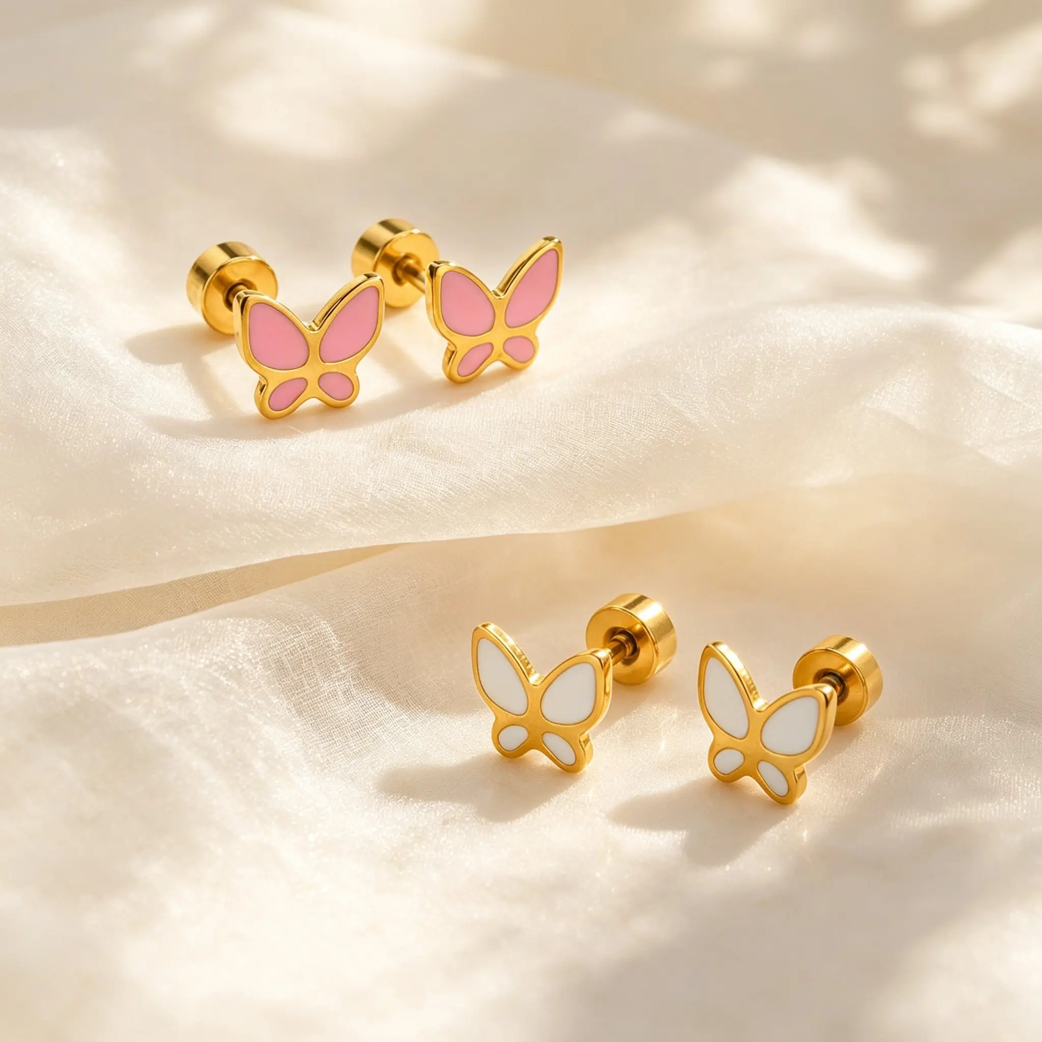 Elegant Pink White Enamel Butterfly Earrings for Women, Stainless Steel Small Stud Earrings, Fashion Simple Aesthetic Jewelry