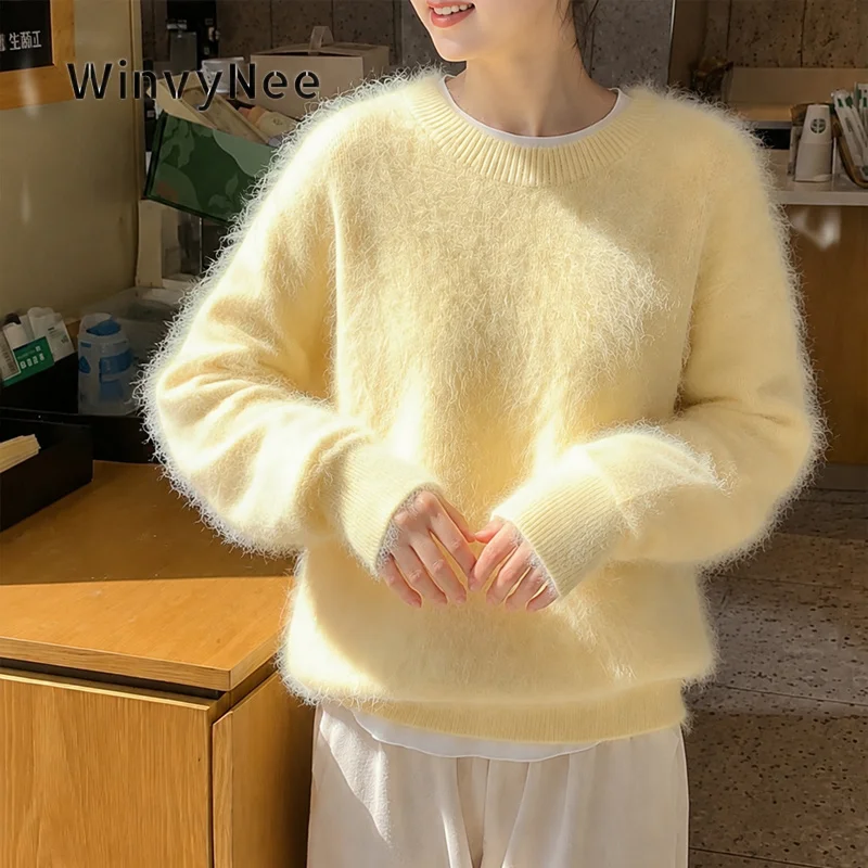 WinvyNee Women Seamless Round Neck Pullover Cashmere Long Sleeve Knit Top Brushed Fabric Autumn Winter Plush Soft Warm A1603001