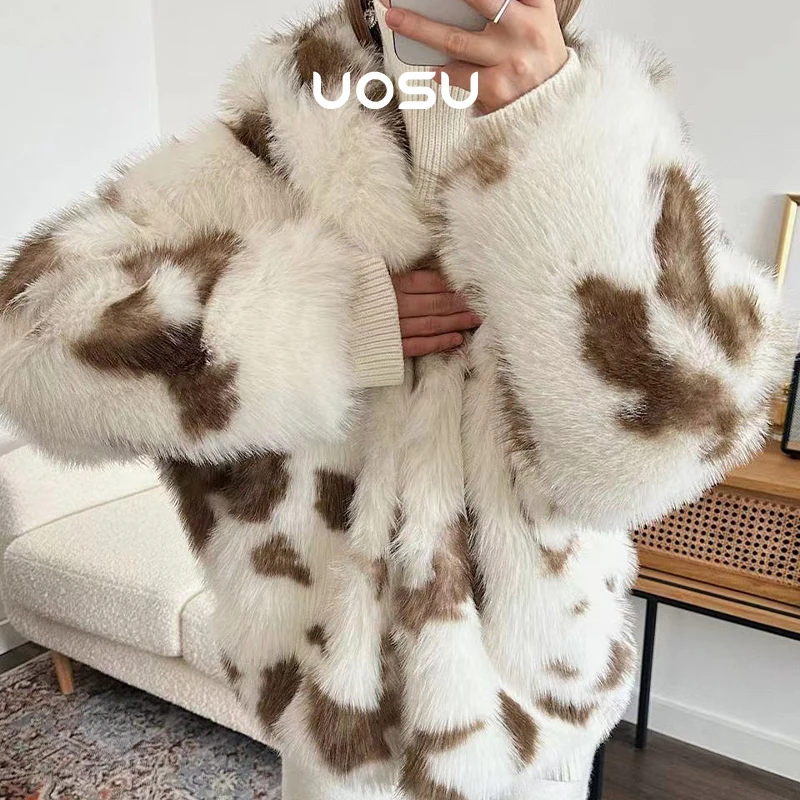 Oversized Leopard Faux Fur Coat Women Winter Sweet Harajuku Y2k Fashion Girls Thicken Fox Fur Jacket Hooded Overcoat Outwear