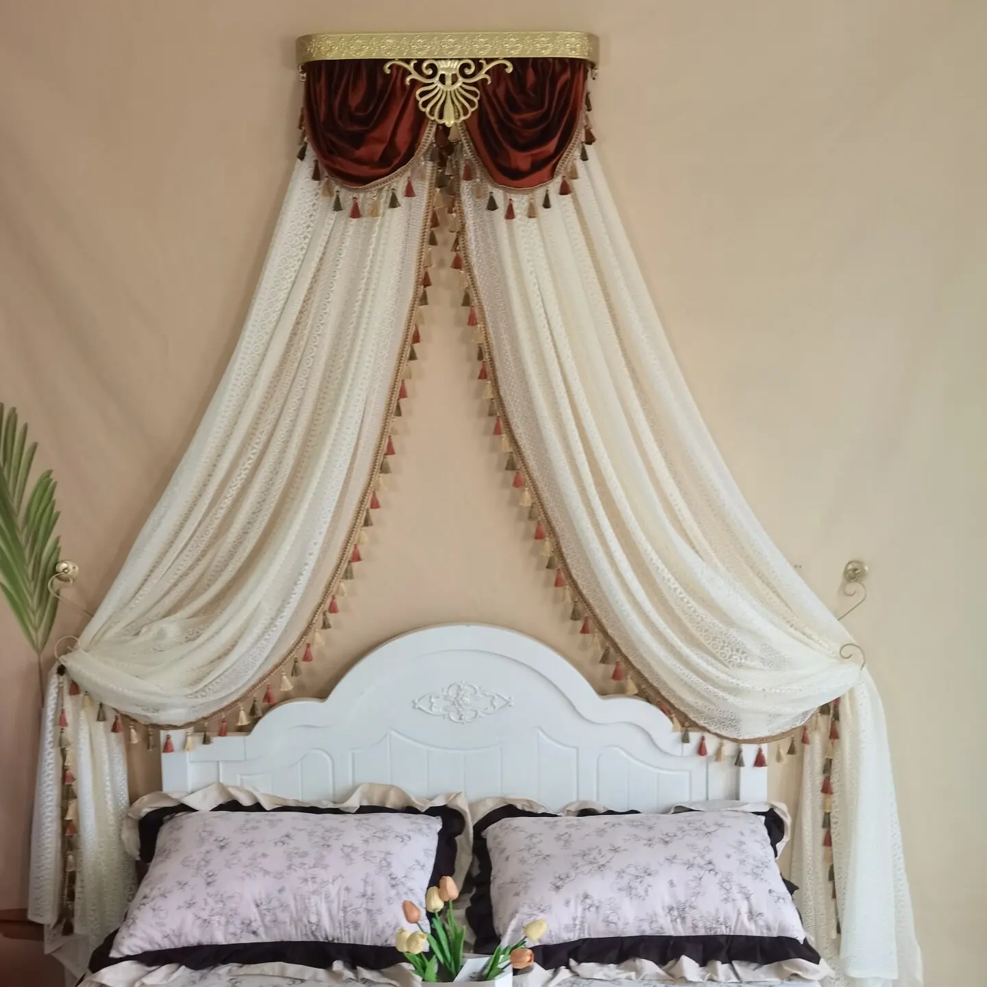 French bed mantle bed curtain bed veil style princess fringed water wave lace decoration frame